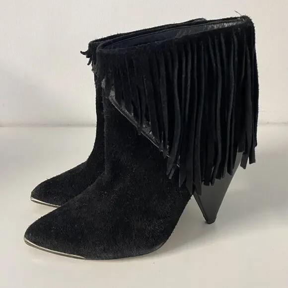 IRO Xabea Black Suede Leather Bootie Ankle Boot Fringe Point Toe Cone He…